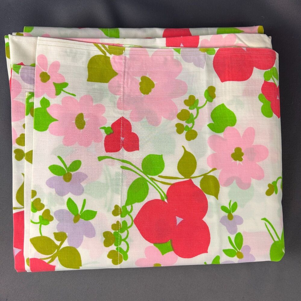 Vintage Pennprest Penneys Percale Pink Red Floral Full Flat Bed Sheet 81x104